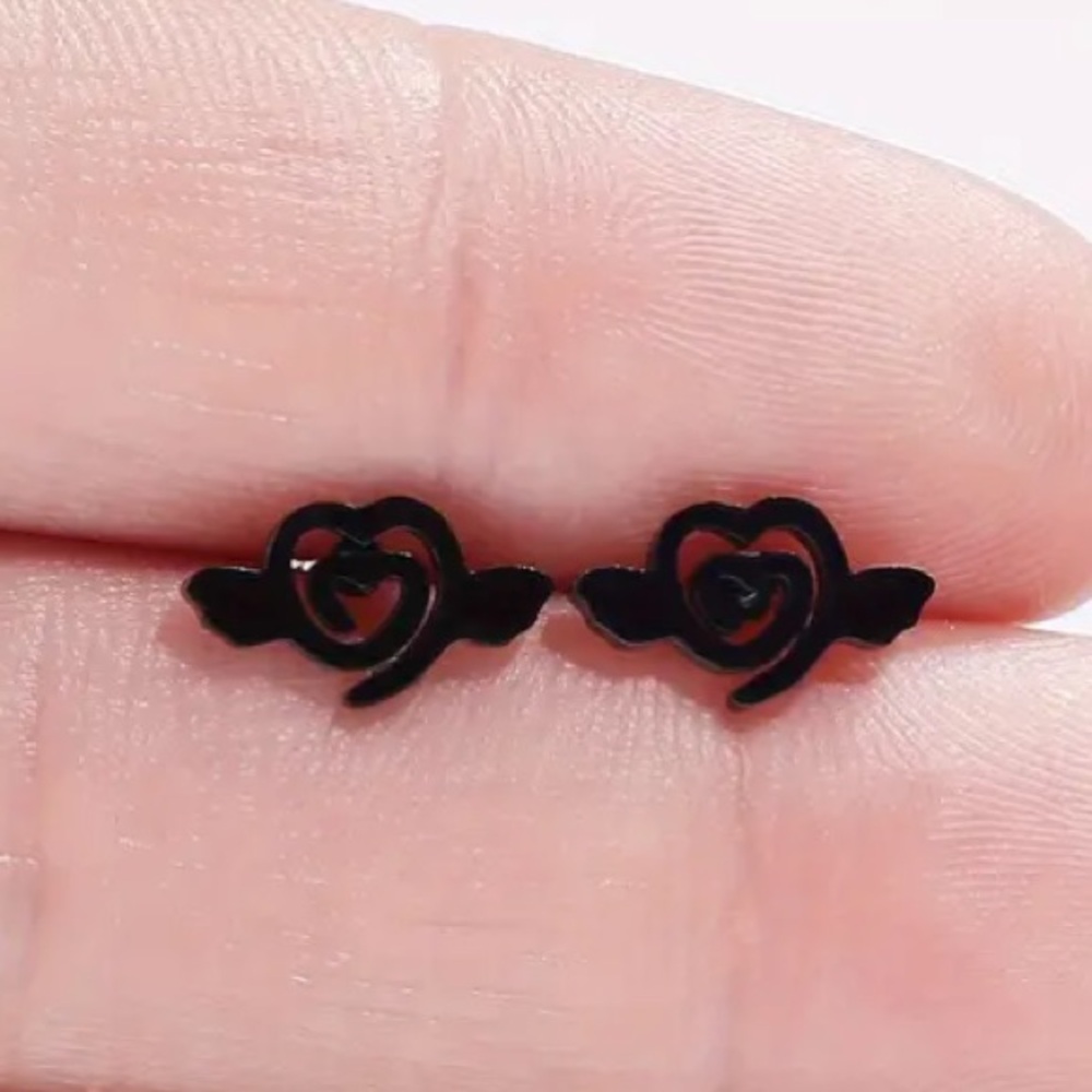 Swirl Heart with Wings Black Stud Earrings